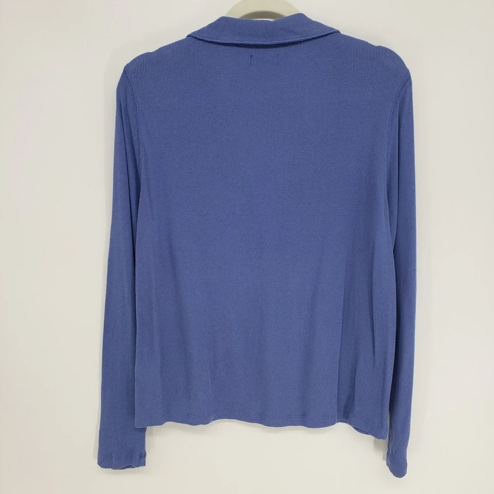 J Crew Ribbed V-Neck Pullover Top Women XL Blue Long Sleeve Cotton Polo Collar